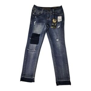 NEW Vigoss Girls Austin Ankle Skinny Jeans Distressed Blue Denim Size 8 Patchy